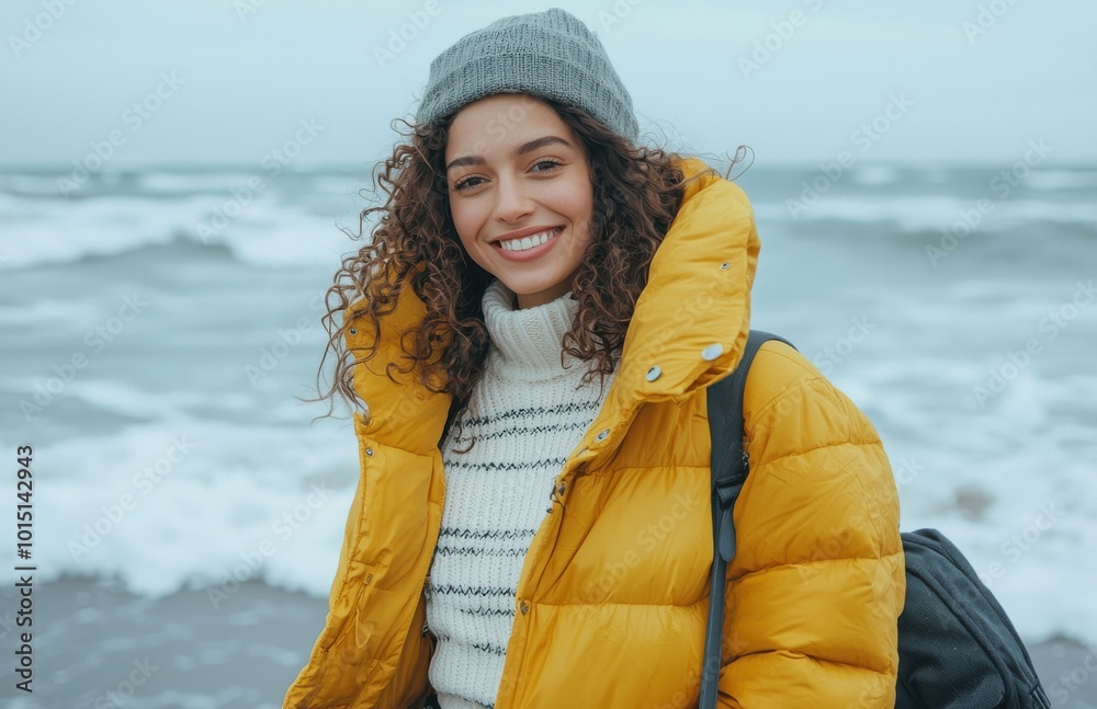 Cheerful woman enjoying a windy day at the beach, wearing a cozy yellow puffer jacket and grey beanie Cheerful woman enjoying a windy day at the beach, wearing a cozy yellow puffer jacket and grey beanie