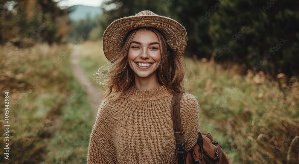 Obraz premium Smiling woman in cozy sweater and straw hat enjoying nature walk on countryside path