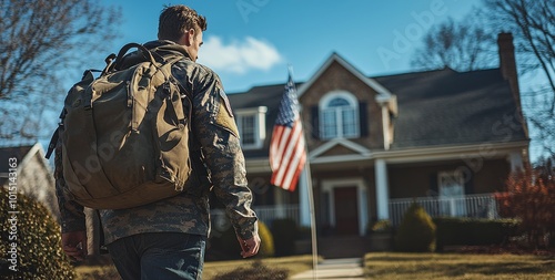 A soldier returning home carrying a duffel bag as he walks towards a suburban house. An American flag is prominently displayed on the porch, emphasizing a sense of patriotism and homecoming. photo