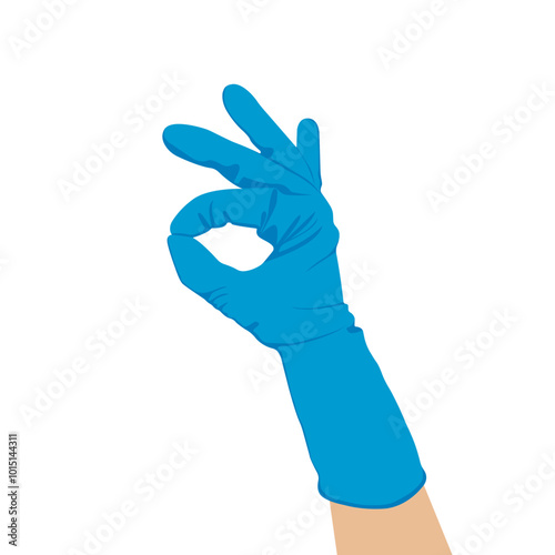 Human Hand In Blue Medical Glove Showing Ok Sign, Isolated On White Background. Vector Illustration