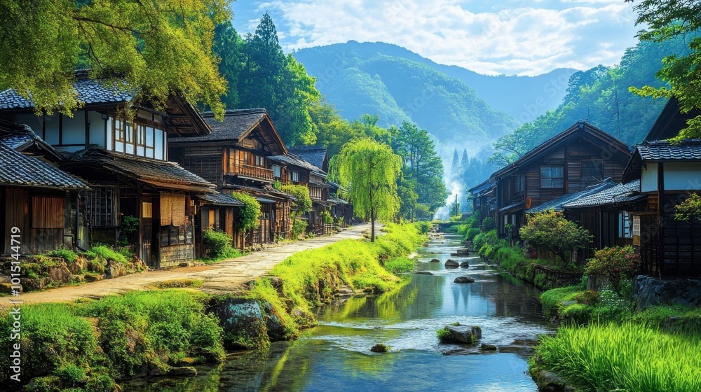 A peaceful shot of the historic Kiso Valley, with its preserved post towns and ancient Nakasendo Trail. A peaceful shot of the historic Kiso Valley, with its preserved post towns and ancient Nakasendo Trail.