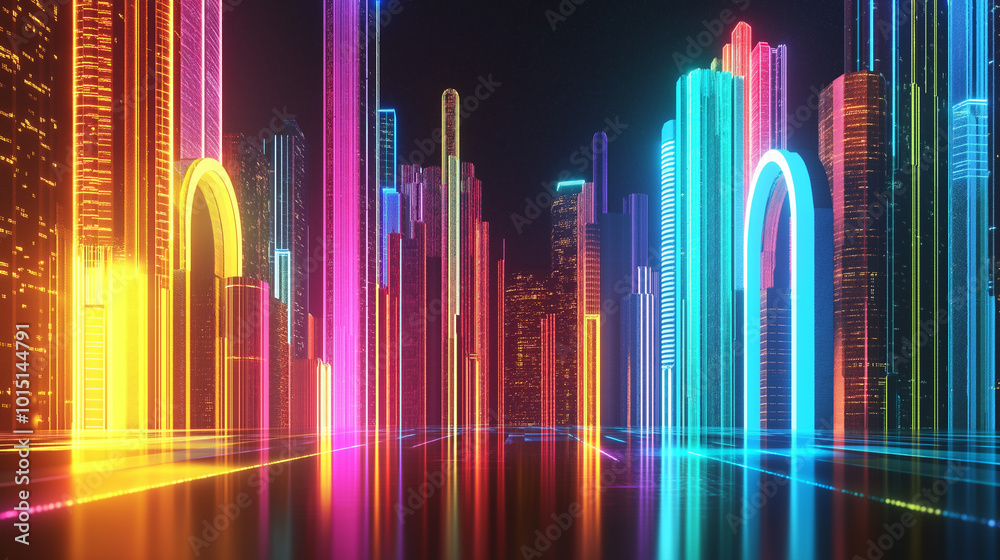 Vibrant cityscape with neon lights illuminating skyscrapers during a night scene in a futuristic environment