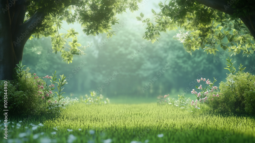 Fototapeta premium Kreatywne tło na świeżym powietrzu wypełnione jest bujną zielenią drzew i kolorowymi kwiatami.