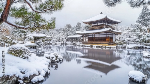 Wallpaper Mural A peaceful winter scene of the Ginkaku-ji (Silver Pavilion) in Kyoto, dusted with snow and reflecting in a tranquil pond. Torontodigital.ca