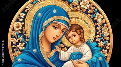 Intercession of the theotokos icon with virgin mary and child surrounded by ornate gold halos