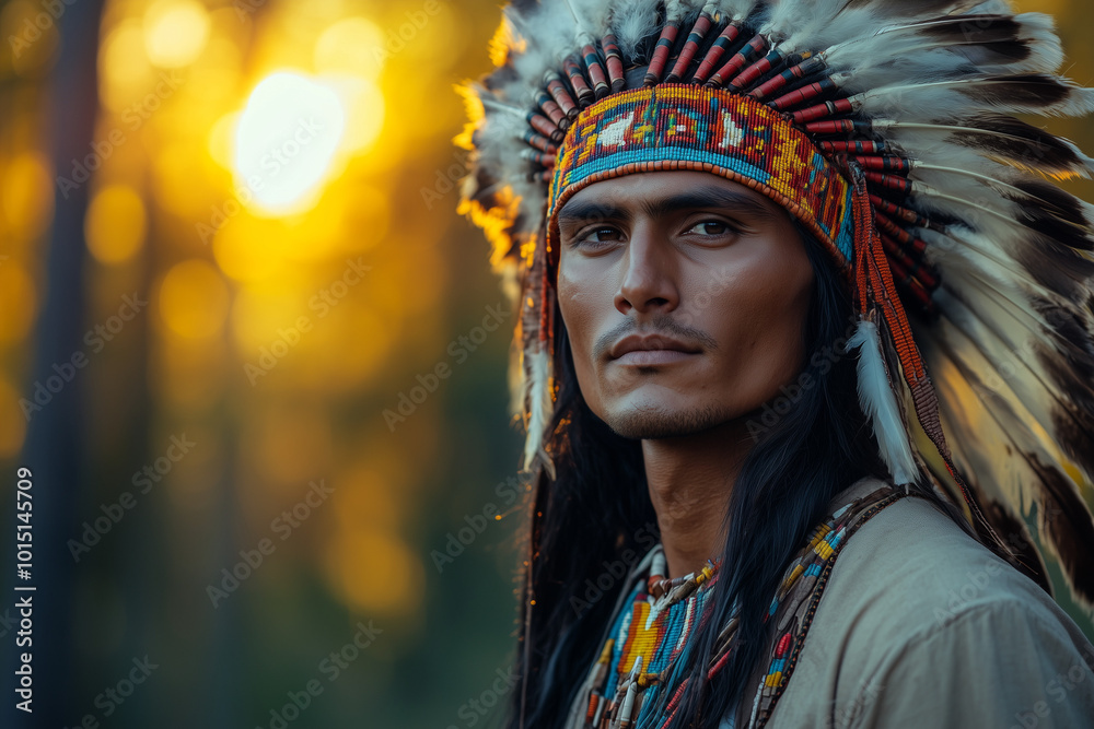 Close-Up of Native American Man in Feathered Headdress, Set Against a Sunlit Forest, Highlighting Tradition and Identity. Concept of Thanksgiving and Historical Remembrance Close-Up of Native American Man in Feathered Headdress, Set Against a Sunlit Forest, Highlighting Tradition and Identity. Concept of Thanksgiving and Historical Remembrance