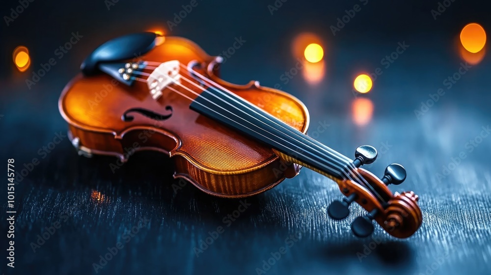 Fototapeta premium Violin on dark background with festive lights celebrating international music day
