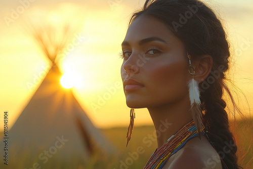 Young Native American Woman Standing Near a Teepee, With the Sun Setting Behind Her, Capturing a Moment of Contemplation. Concept of Thanksgiving and Historical Remembrance