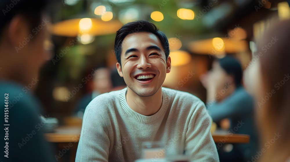 A Man Smiling in a Cafe with Bokeh Lights A Man Smiling in a Cafe with Bokeh Lights