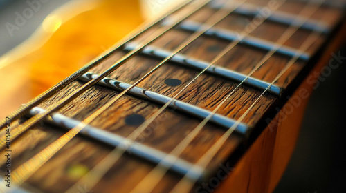 A close-up shot of guitar strings highlighting the craftsmanship on a wooden fretboard during a quiet afternoon