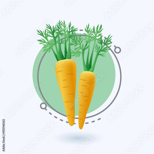 3d cartoon style carrots icon on white background. Fresh organic vegetables with leaves flat vector illustration. Farming, harvest, healthy lifestyle or food concept