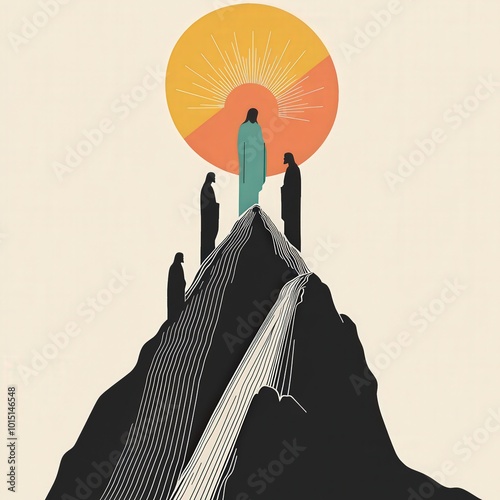 The Transfiguration: A minimalist illustration of Jesus' transfiguration on the mountaintop, surrounded by three disciples, with a radiant sun above.  