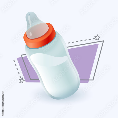 3d cartoon style baby bottle with milk icon on white background. Realistic colorful feeding bottle flat vector illustration. Newborn, infant, nutrition, health, nourishment concept