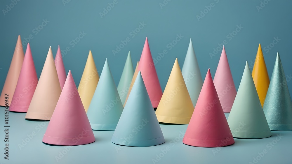 Colorful Party Hats Arranged on a Blue Background Create a Festive Atmosphere for Celebrations Colorful Party Hats Arranged on a Blue Background Create a Festive Atmosphere for Celebrations