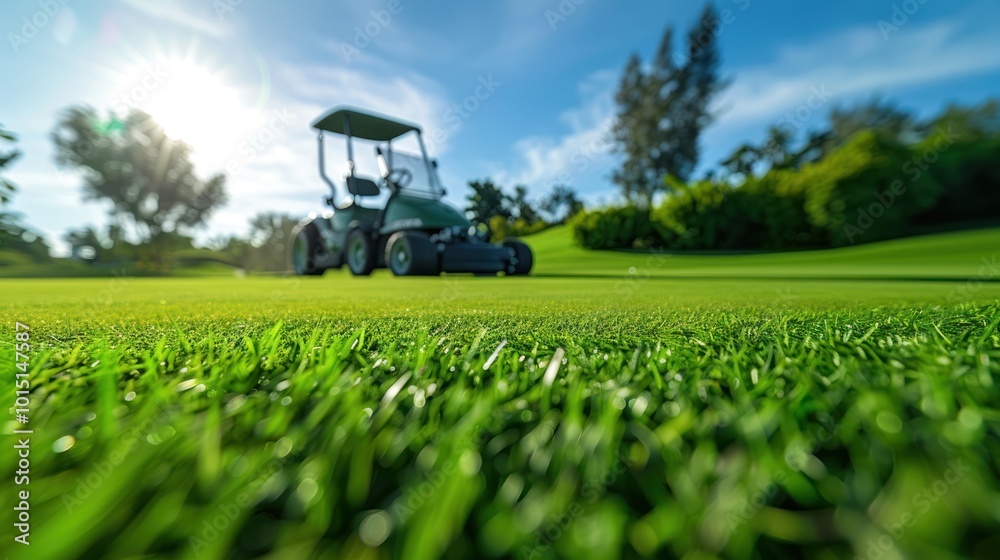 Golf Cart on a Lush Green Golf Course with a Sunny Sky Golf Cart on a Lush Green Golf Course with a Sunny Sky
