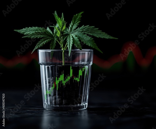A cannabis plant growing in a transparent cup with stock market graph background.