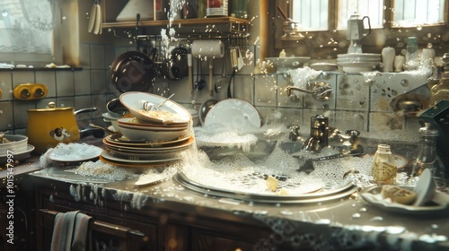 A Kitchen Sink Overflowing with Dishes and Sudsy Water