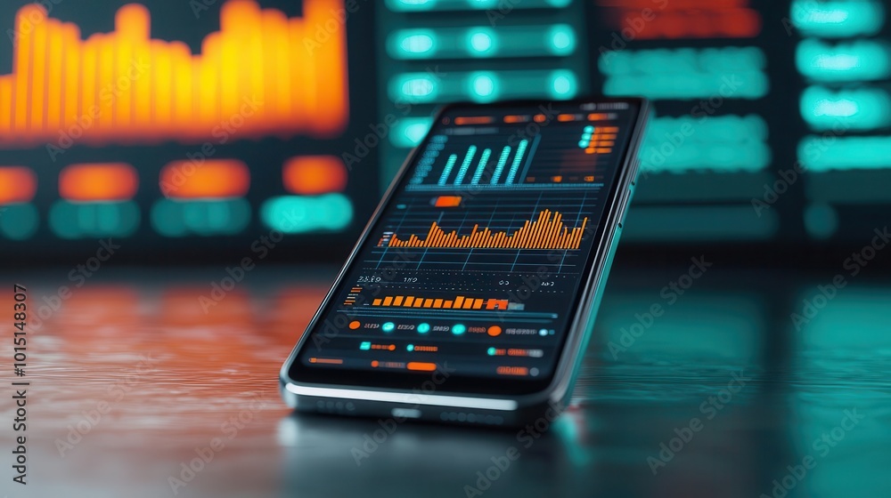 High-performance smartphone on a metallic desk, glowing holographic charts showing processing power and speed, Cyberpunk, 3D Art High-performance smartphone on a metallic desk, glowing holographic charts showing processing power and speed, Cyberpunk, 3D Art