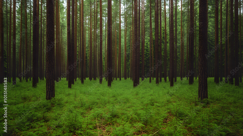 Fototapeta premium Forest of Tall Coniferous Trees with Pines | Serene Woodland Landscape with Towering Evergreens