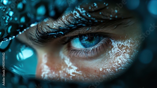 Close-up of a person's eye with water droplets and intense focus. photo