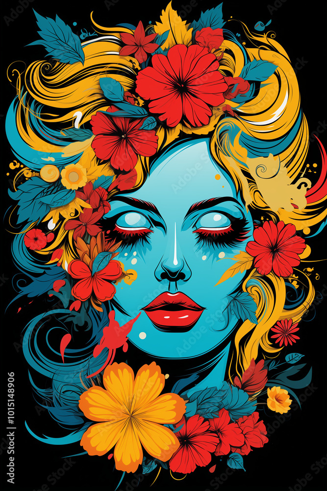 Colorful t-shirt print design featuring a woman's face surrounded by vibrant flowers and leaves, showcasing art and fashion Colorful t-shirt print design featuring a woman's face surrounded by vibrant flowers and leaves, showcasing art and fashion