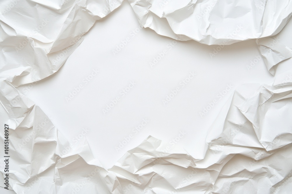 Obraz premium Crumpled white paper with empty space in the center for design or text placement.
