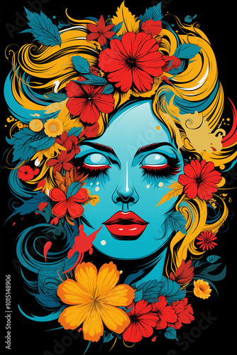 Colorful t-shirt print design featuring a woman's face surrounded by vibrant flowers and leaves, showcasing art and fashion