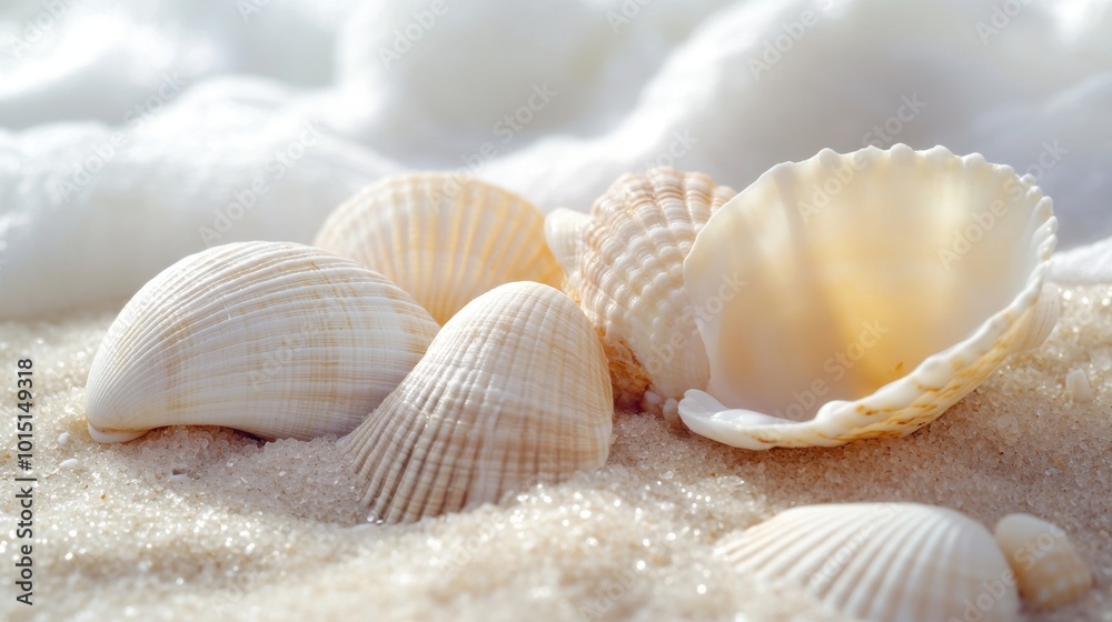 A close-up of cream-colored seashells on a sandy beach, with fine details and soft lighting A close-up of cream-colored seashells on a sandy beach, with fine details and soft lighting