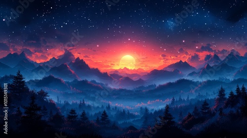 Mountainous Landscape at Sunset with a Starry Sky