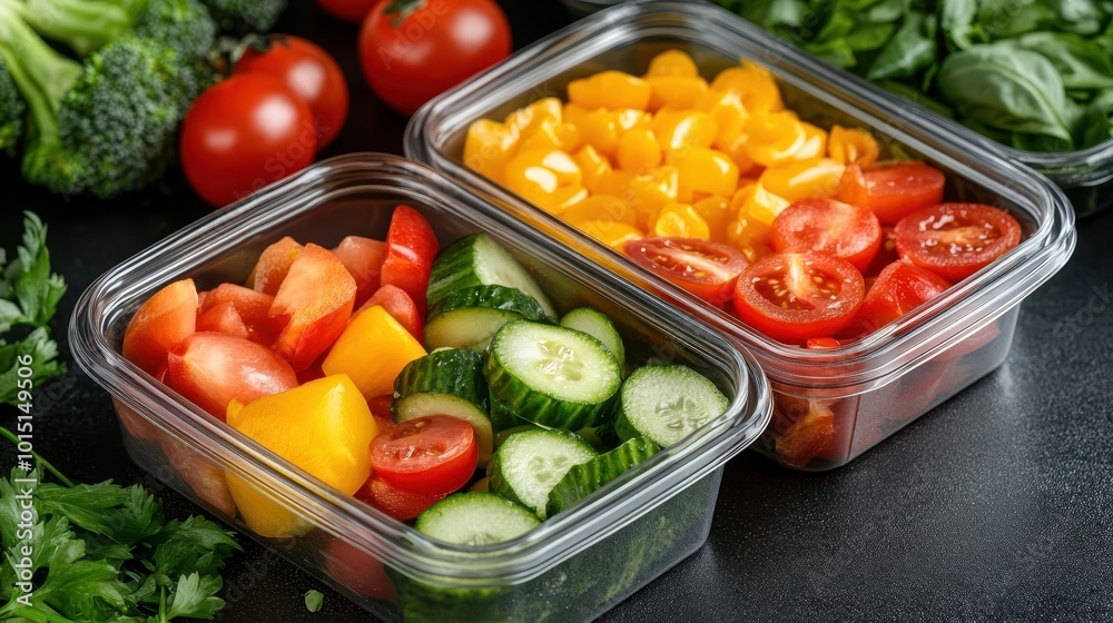 Fresh assorted vegetables in clear containers on a dark surface. Fresh assorted vegetables in clear containers on a dark surface.