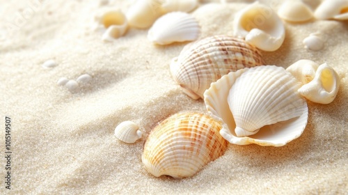 A close-up of cream-colored seashells on a sandy beach, with fine details and soft lighting