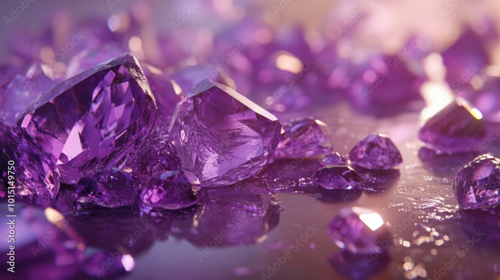 A close-up of purple gemstones scattered on a table, with intricate facets and soft reflections creating a luxurious scene.