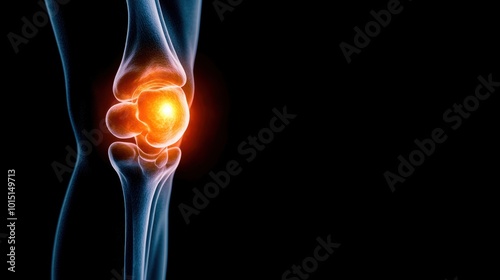 Human knee joint anatomy, highlighting bones and cartilage on a black background.