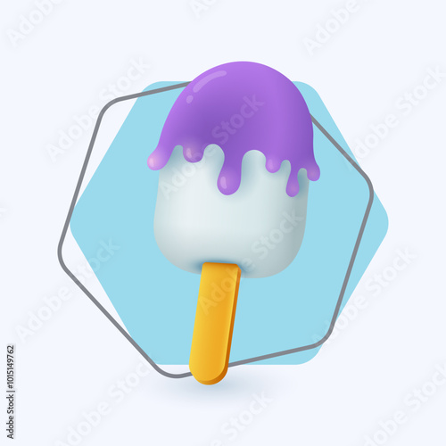 3d cartoon style ice cream on stick icon white background. Frozen berry confection or dessert, eskimo or lolly flat vector illustration. Refreshing food, summer concept