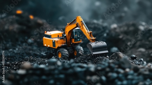Miniature excavator working on gravel with a blurred background.
