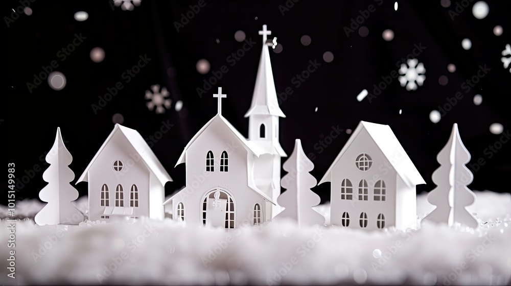 Fototapeta premium A set of three paper houses with trees and a church on top