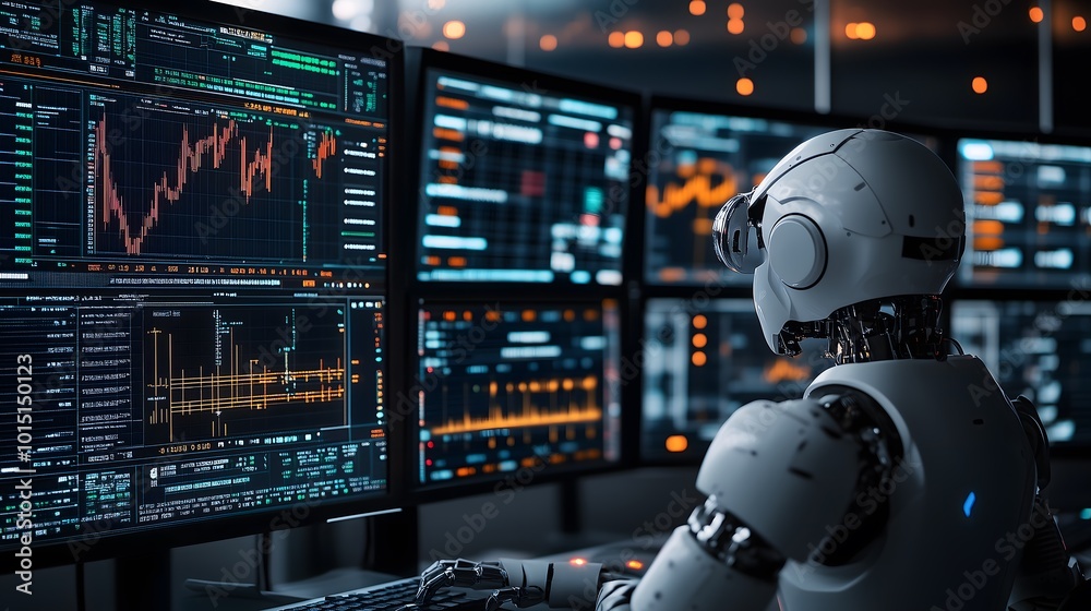 Robot Analyzing Crypto Market Trends on Multiple Screens Robot Analyzing Crypto Market Trends on Multiple Screens