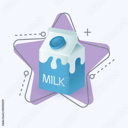 3d cartoon style milk cartons icon on white background. Cow milk packaging or cardboard box with screw cap flat vector illustration. Dairy, breakfast, nutrition concept