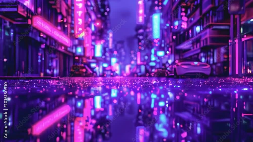 Rainy night in neon-lit city with reflections on asphalt