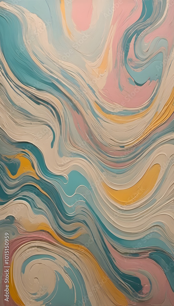 An abstract painting featuring swirling patterns in pastel colors ...