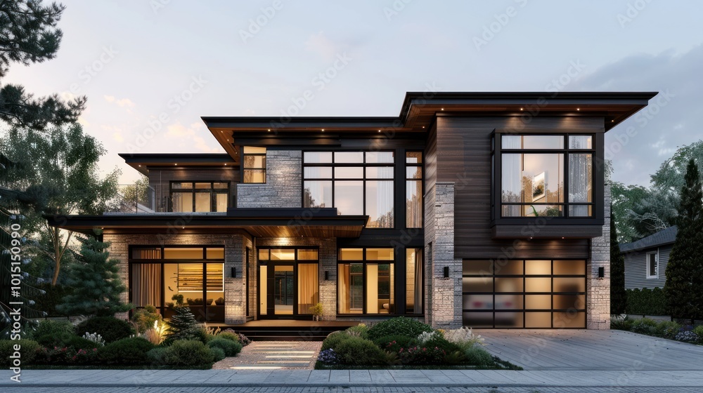 Modern Two-Story House with Stone and Wood Exterior at Dusk Modern Two-Story House with Stone and Wood Exterior at Dusk