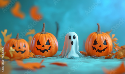 Halloween pumpkins and ghost decorations on light blue backdrop, generated ai