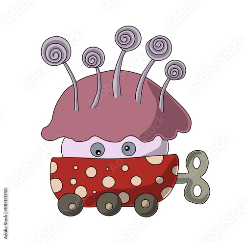 A red robot in beige polka dots with a winding key on three wheels. Vector illustration on a white background