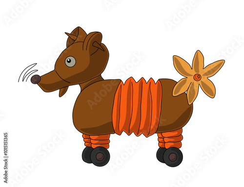 A brown robot in the shape of a dog on wheels. Vector illustration on a white background