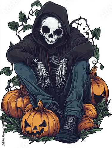cartoon skeleton sits on pumpkins