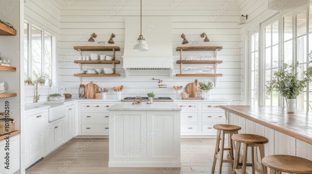 A kitchen with white cabinets, wood shelves, a white island, and wood countertops. The kitchen has a farmhouse style with white walls and a wood floor A kitchen with white cabinets, wood shelves, a white island, and wood countertops. The kitchen has a farmhouse style with white walls and a wood floor