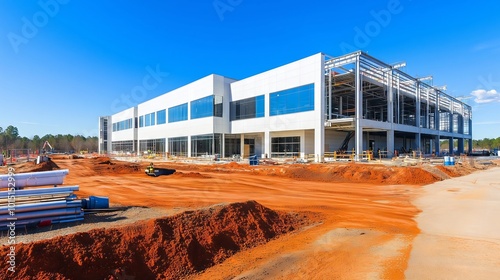 Construction site with workers building new commercial building on sunny day