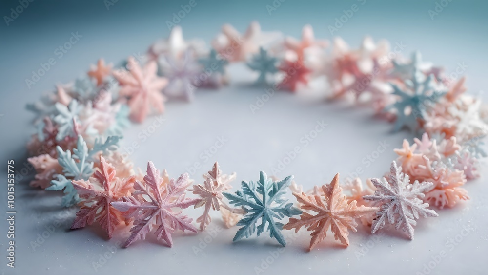 Fototapeta premium Colorful Snowflake Decorations Arranged in a Circular Pattern on a Light Surface