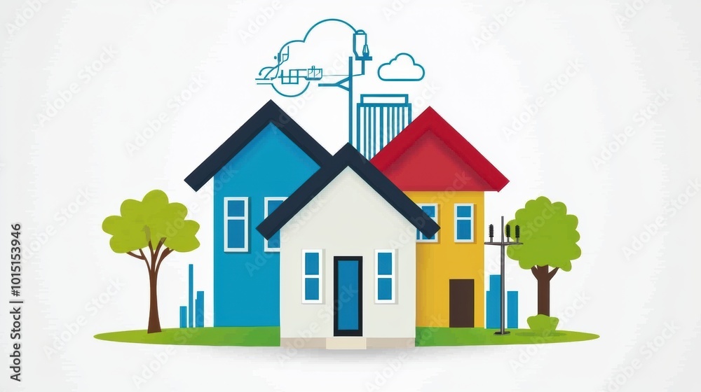 Colorful houses with green trees and blue skies Colorful houses with green trees and blue skies