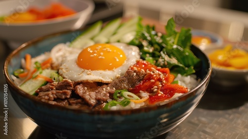 Close-up of a Bowl of Bibimbap with Fried Egg, Meat, and Vegetables